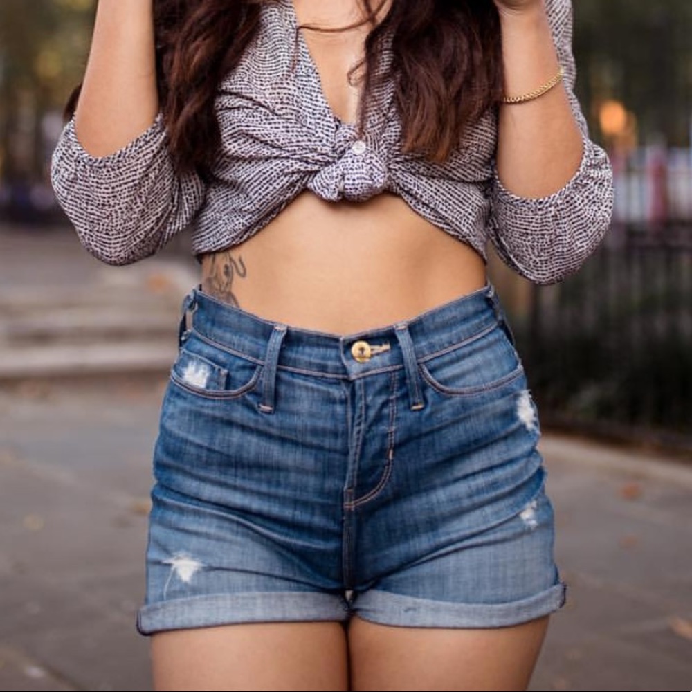 High-waisted Distressed Denim Shorts